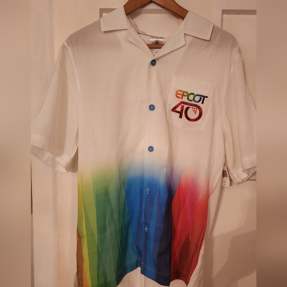 NWT Disney Parks EPCOT 40th Anniversary Button Up Woven Camp Shirt Adult Small